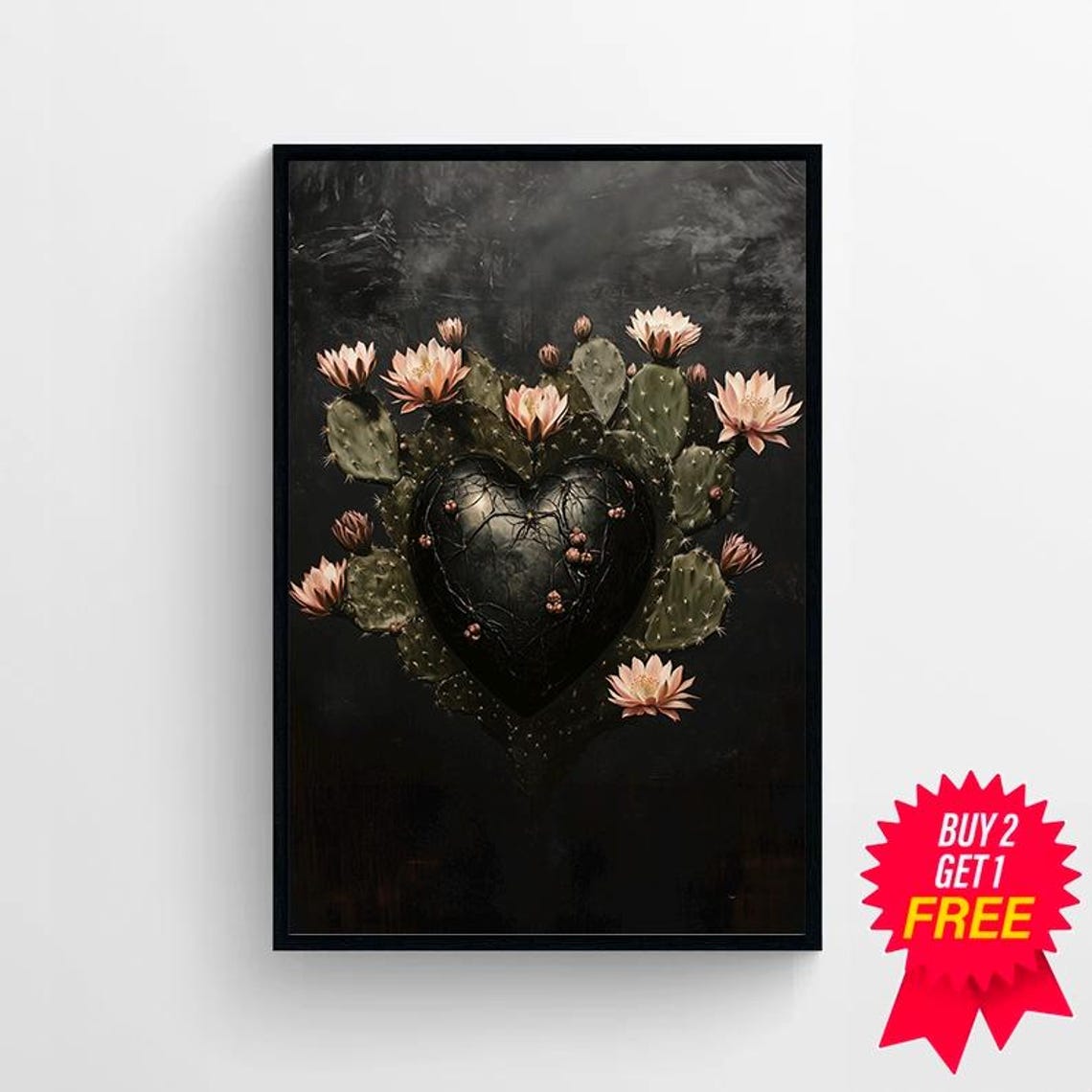 Prickly Pear Cactus Heart Blooming With Pink Flowers On Black Poster - Image 4