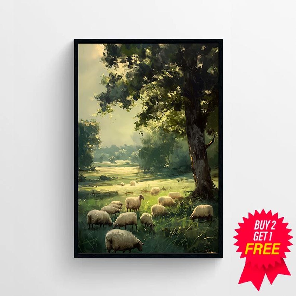 Pastoral Sheep Grazing in a Green Meadow Under a Big Tree Poster - Image 4
