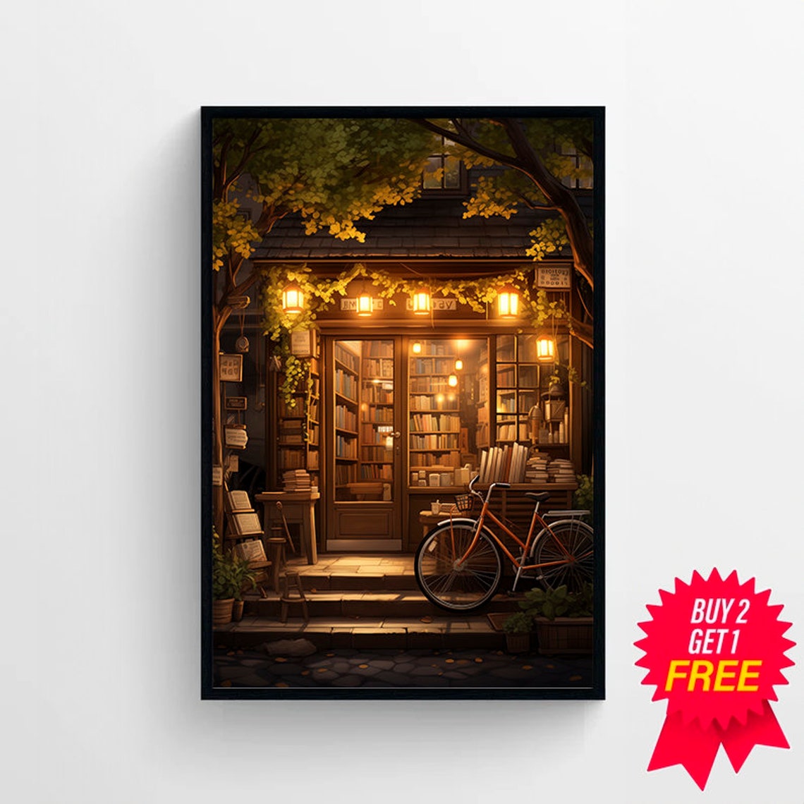 Cozy Night Bookshop Glowing Windows Bicycle Bookstore Poster - Image 4