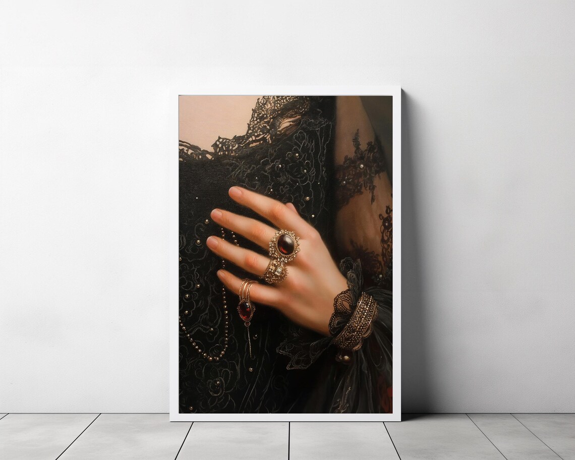 Victorian Woman in Black Lace Adorned with Antique Gold Rings Wall Art - Image 3