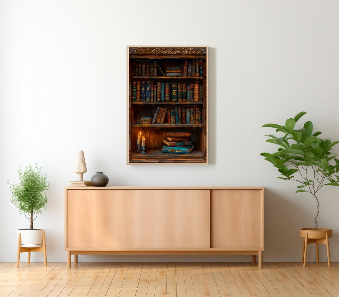 Victorian Bookshelf With Antique Books Candles Dark Academia Poster - Image 2
