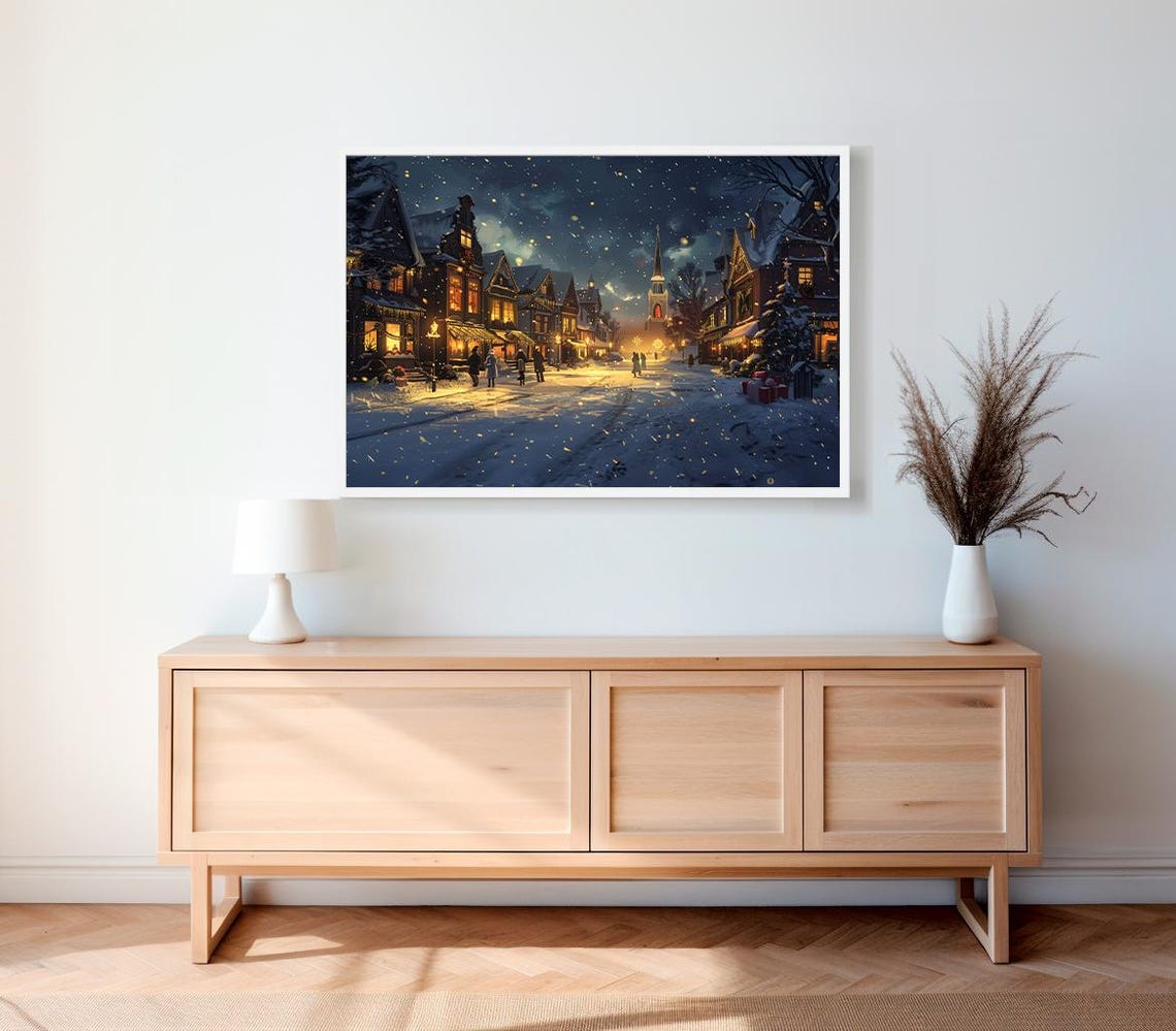 Snowy Main Street Christmas Night Shops Glow Holiday Town Poster - Image 2