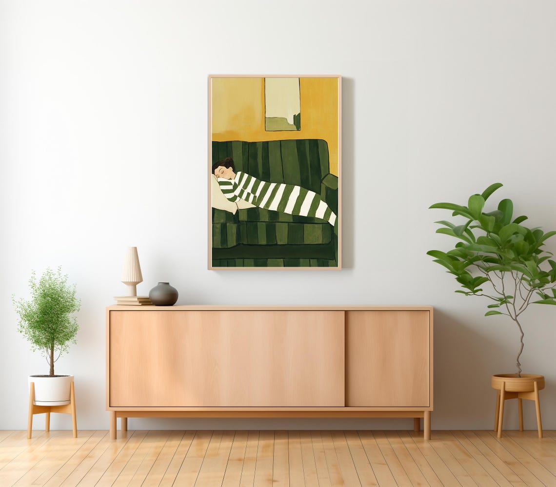 Woman in Green Stripes Sleeping on a Couch Against Mustard Poster - Image 2