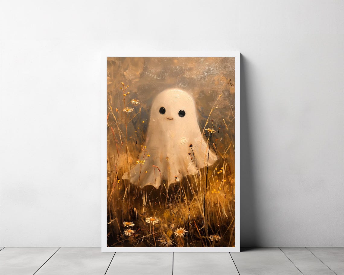 Cute Smiling Ghost Standing in a Golden Wildflower Meadow Art Poster - Image 3