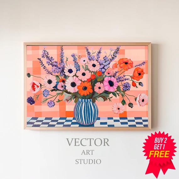 Still Life Frame Tv Art Maximalist Mid Century Modern Bold Flower Tv Picture Colorful Floral Vibrant Checkerboard Textured Oil Painting