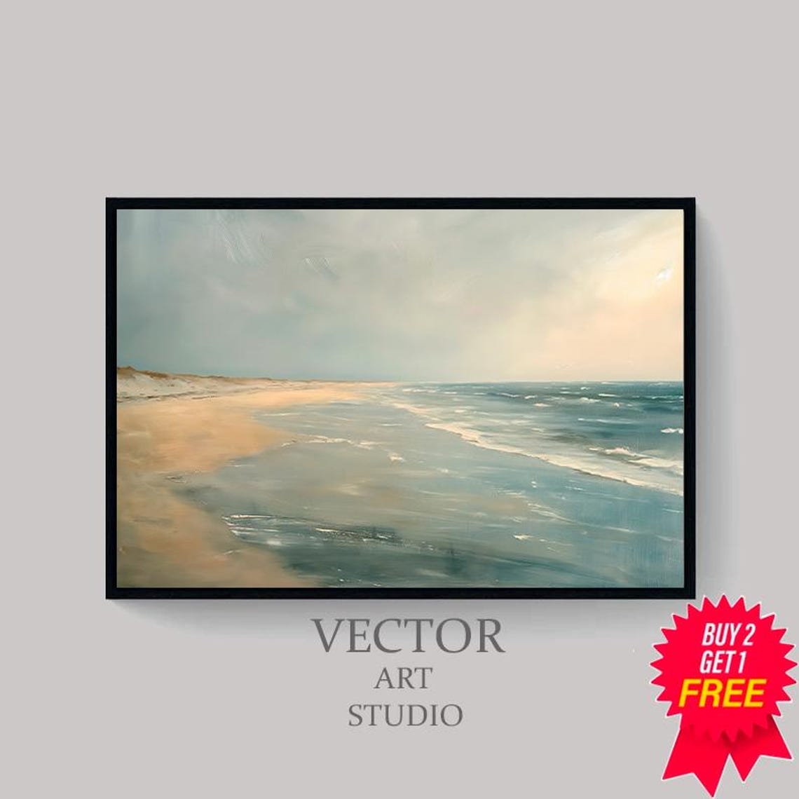 Muted Neutral Beach Seascape Soft Oil Painting Coastal Art Poster - Image 4