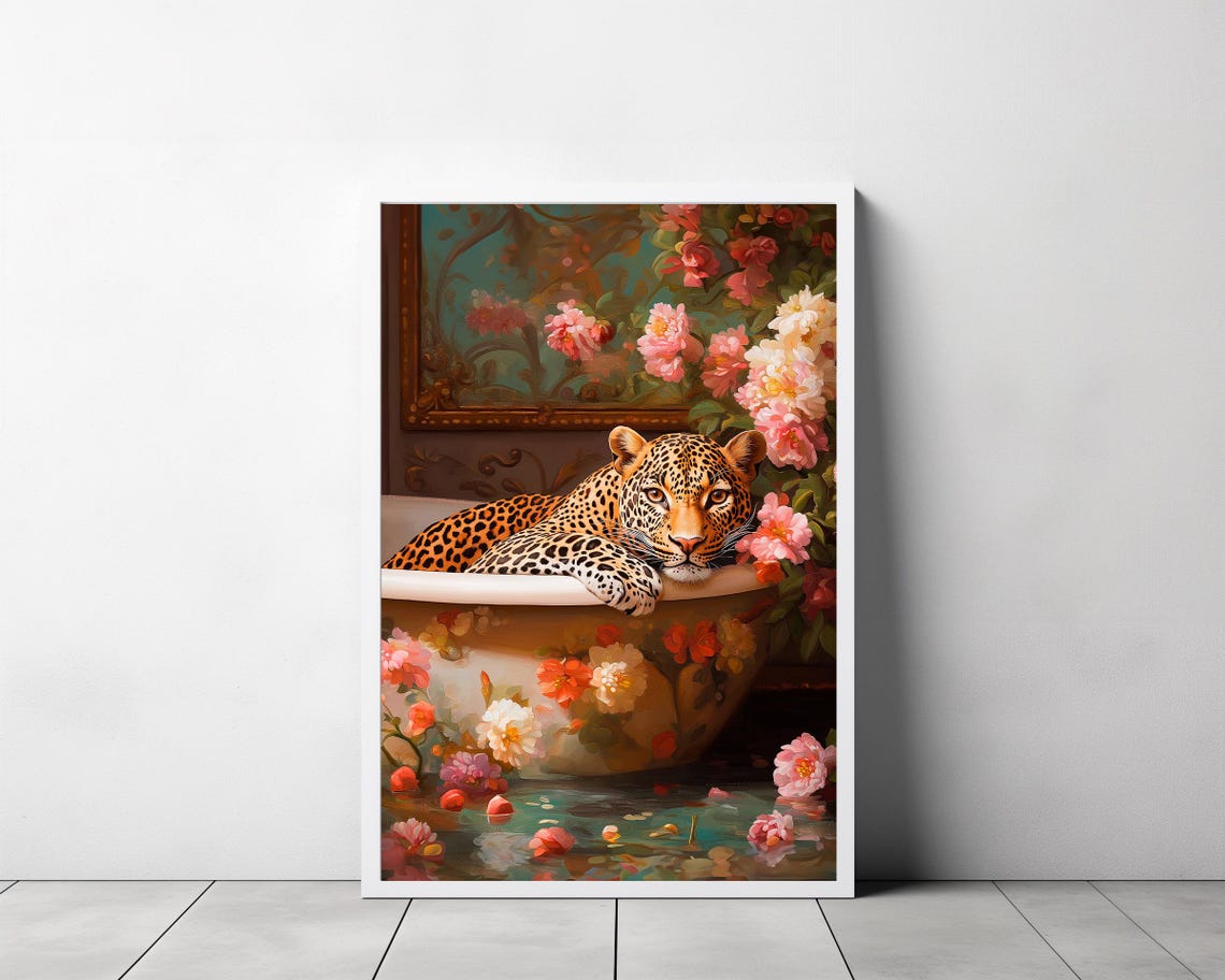 Wall Art Leopard In A Bathtub Maximalist Oil Painting Colorful Trendy Kitsch Bathroom Print Vivid Bold Dopamine Animal Picture - Image 3