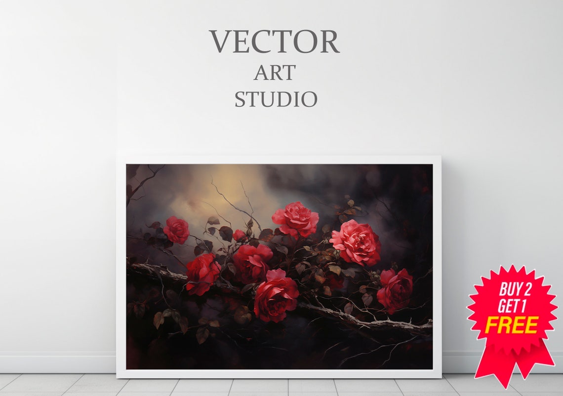 Wild Red Roses on Dark Branch Moody Botanical Floral Wall Poster - Image 3