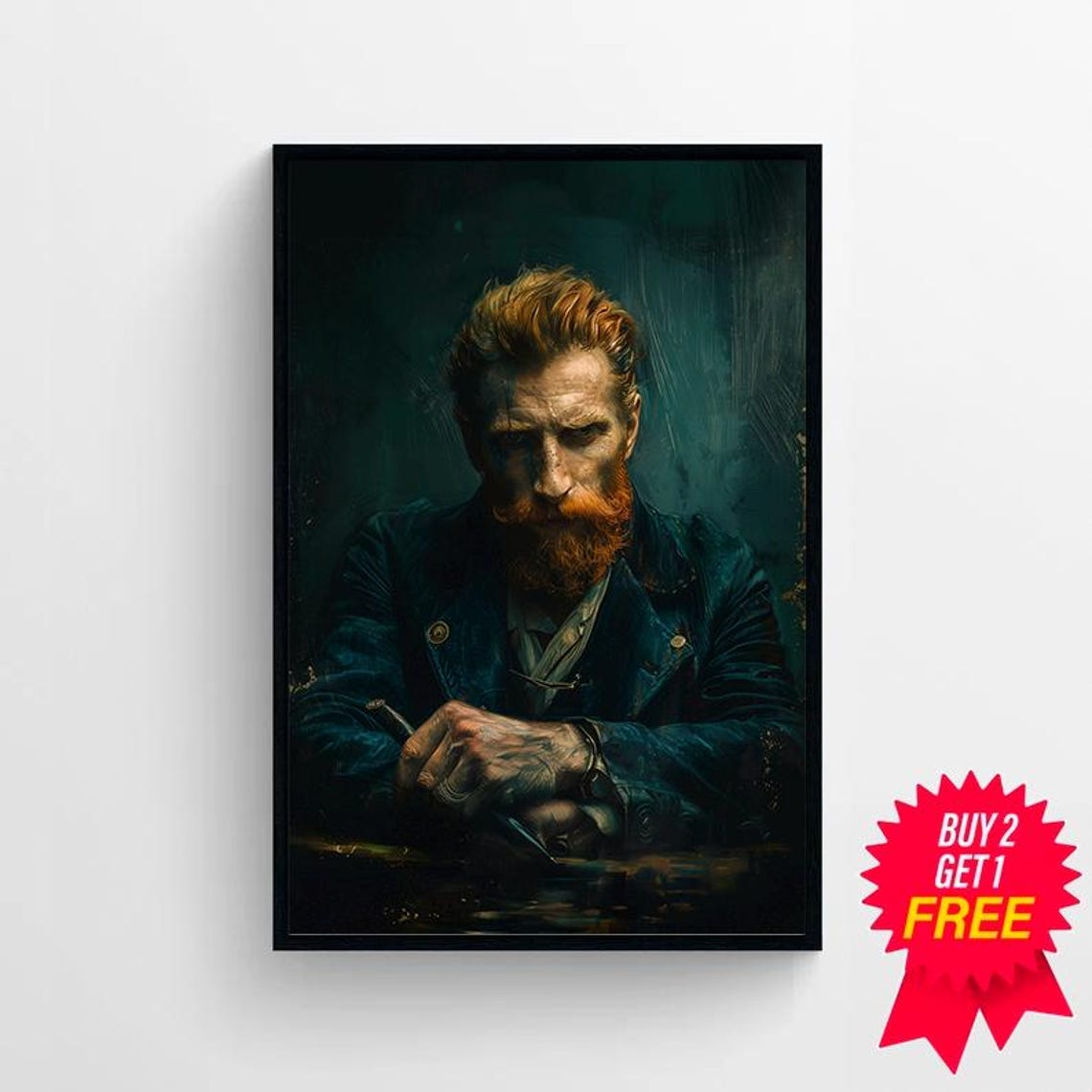 Brooding Red-Bearded Man in Dark Teal Vintage Portrait Poster - Image 4