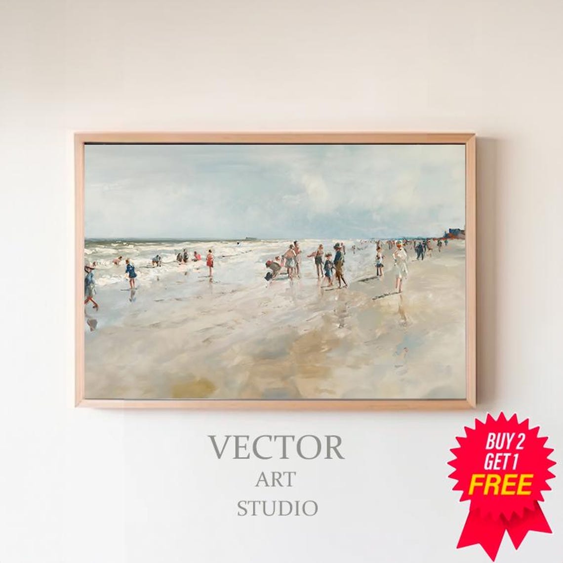 Vintage Beach Bathers Wading In Soft Surf Impressionist Scene Poster