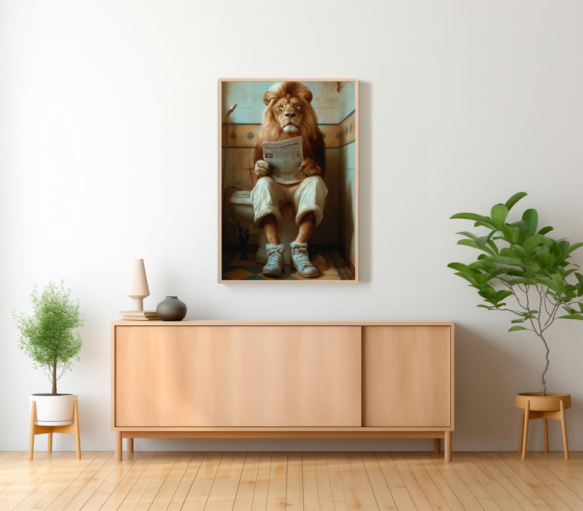 Funny Lion in Shorts and Sneakers Reading on Toilet Bathroom Poster - Image 2