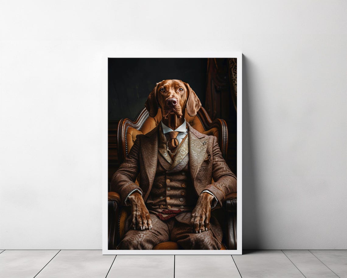 Vizsla in Brown Victorian Suit Leather Chair Portrait Poster - Image 3