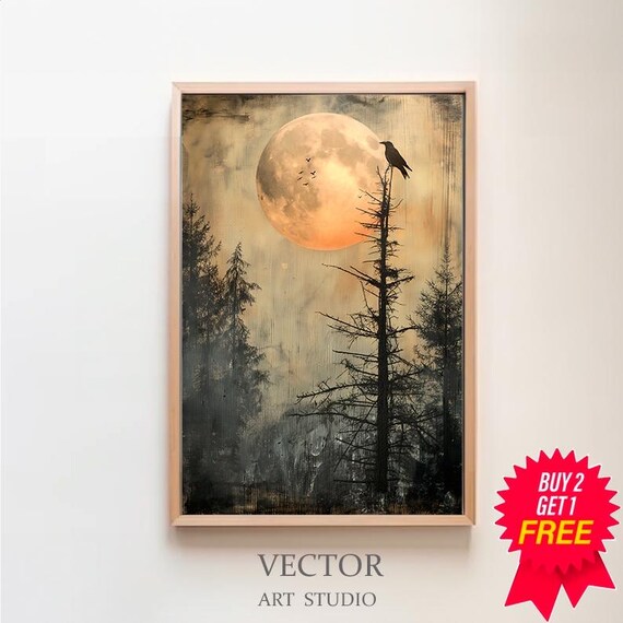 Giant Harvest Moon Behind a Crow Perched on a Bare Pine Tree Art Poster