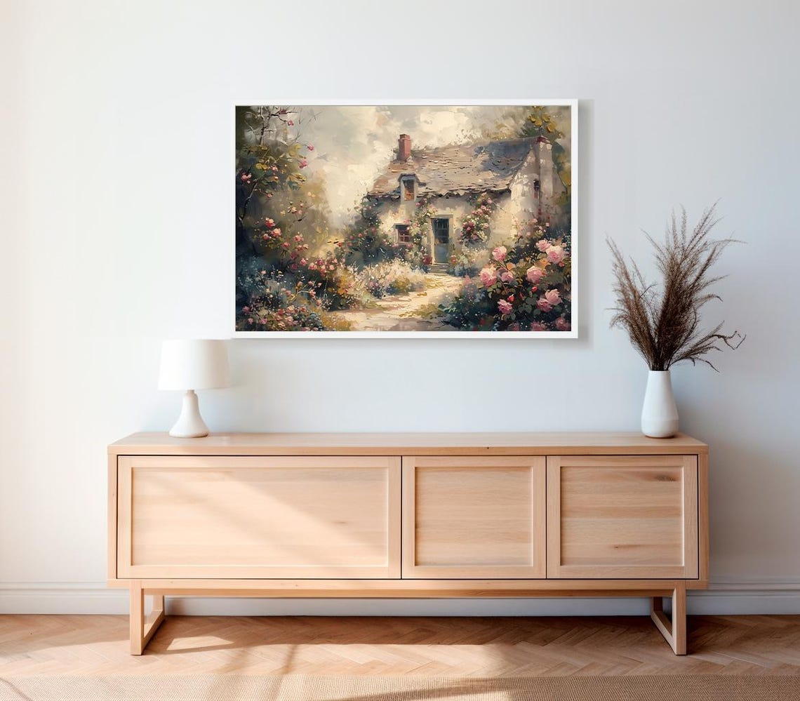 Stone Cottage Covered In Blooming Roses Garden Oil Painting Poster - Image 2