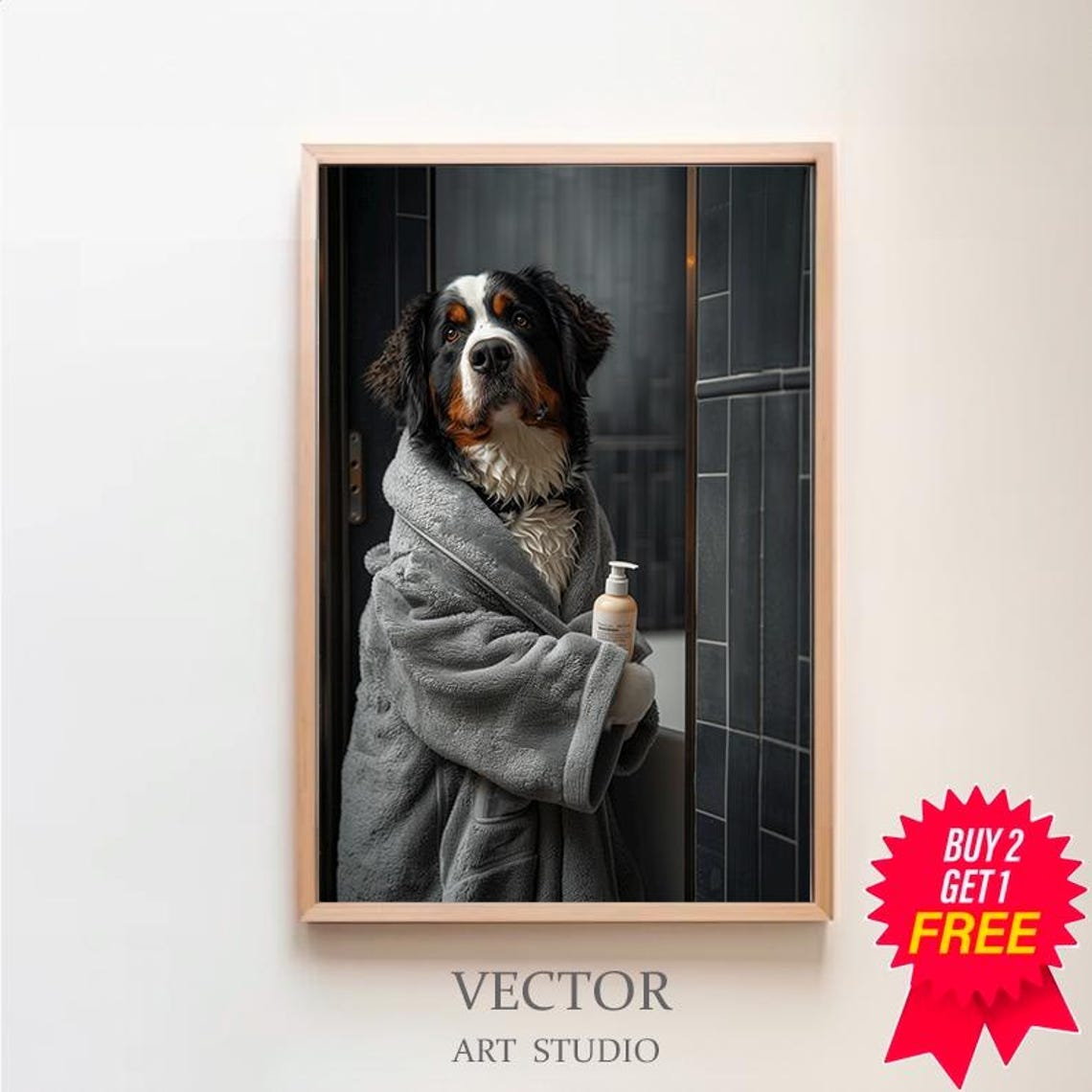 Bernese Mountain Dog in Bathrobe Holding Lotion Funny Bathroom Poster