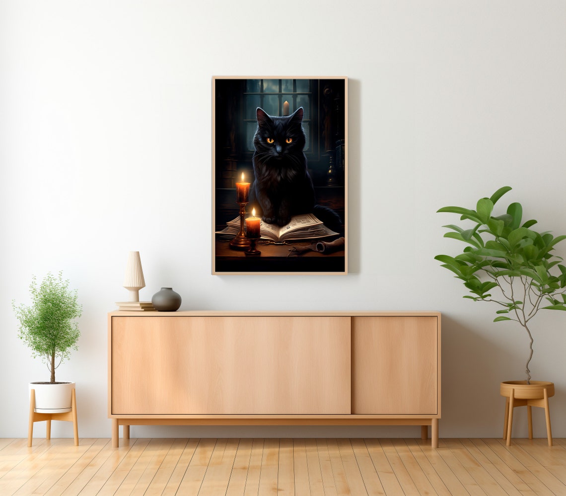 Black Cat Sitting With Open Book and Candles at Night Poster - Image 2
