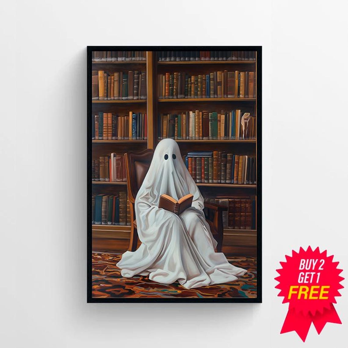 Sweet Ghost Reading In Leather Chair In Warm Vintage Library Poster - Image 4