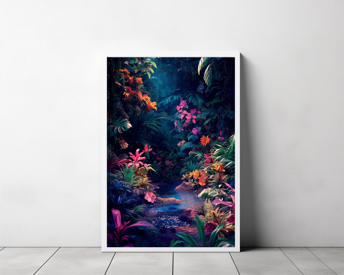 Dark Tropical Jungle Waterfall Stream with Exotic Flowers Poster - Image 3