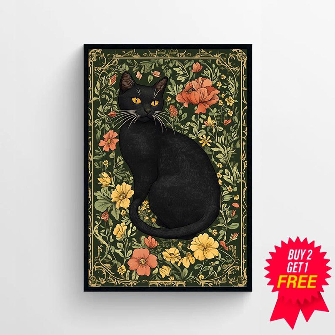 William Morris Style Black Cat among Botanical Flowers Poster - Image 4