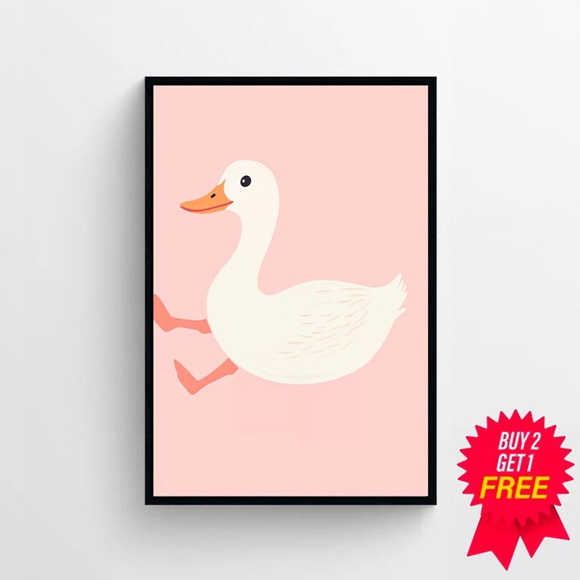 Happy White Duck Running Across Soft Pink Background Art Poster - Image 4