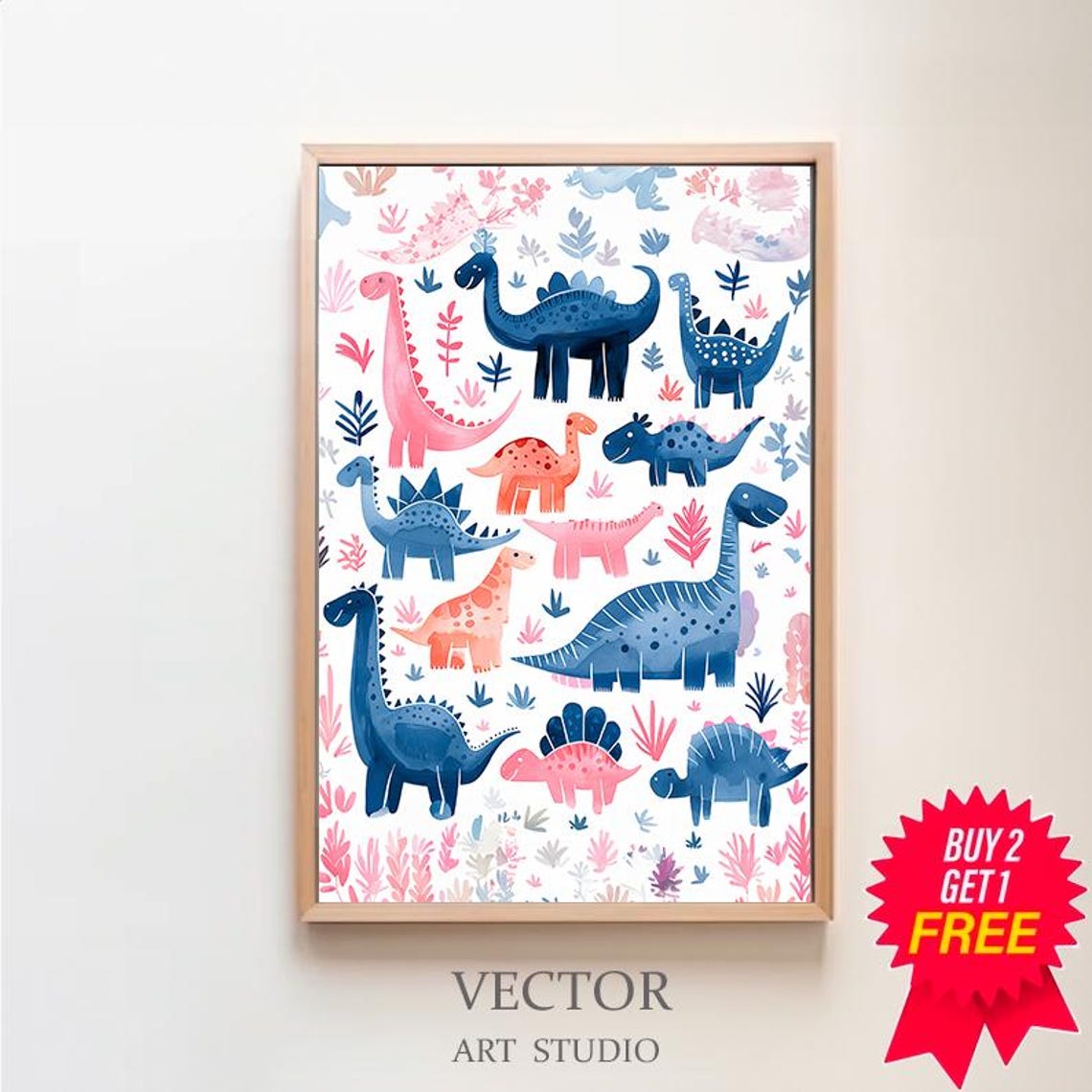 Pink and Blue Dinosaurs Prehistoric Pattern Kids Nursery Poster