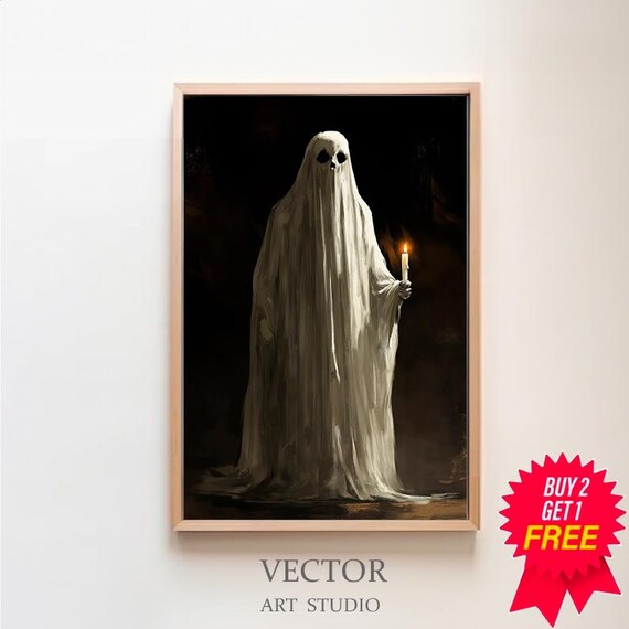 Classic White Sheet Ghost With Candle Black Background Poster