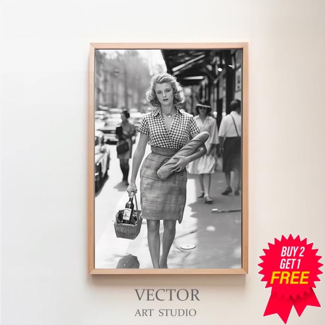 Parisian Woman with Baguette and Wine Vintage Street Photo Art Print