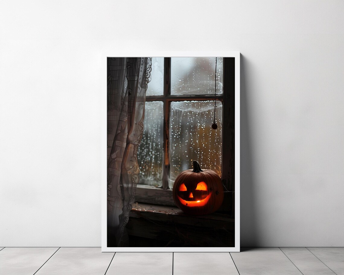 Glowing Jack O Lantern on Rainy Windowsill Moody Halloween Night Art Poster - Image 3