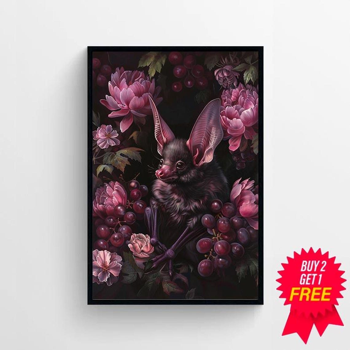 Fruit Bat Among Pink Peonies and Dark Grapes Gothic Floral Art Print - Image 4