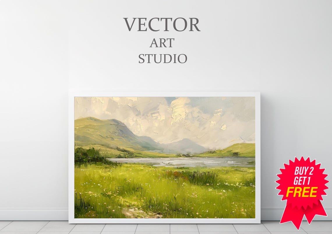 Sunlit Green Meadow Beside a Lake Impressionist Landscape Poster - Image 3