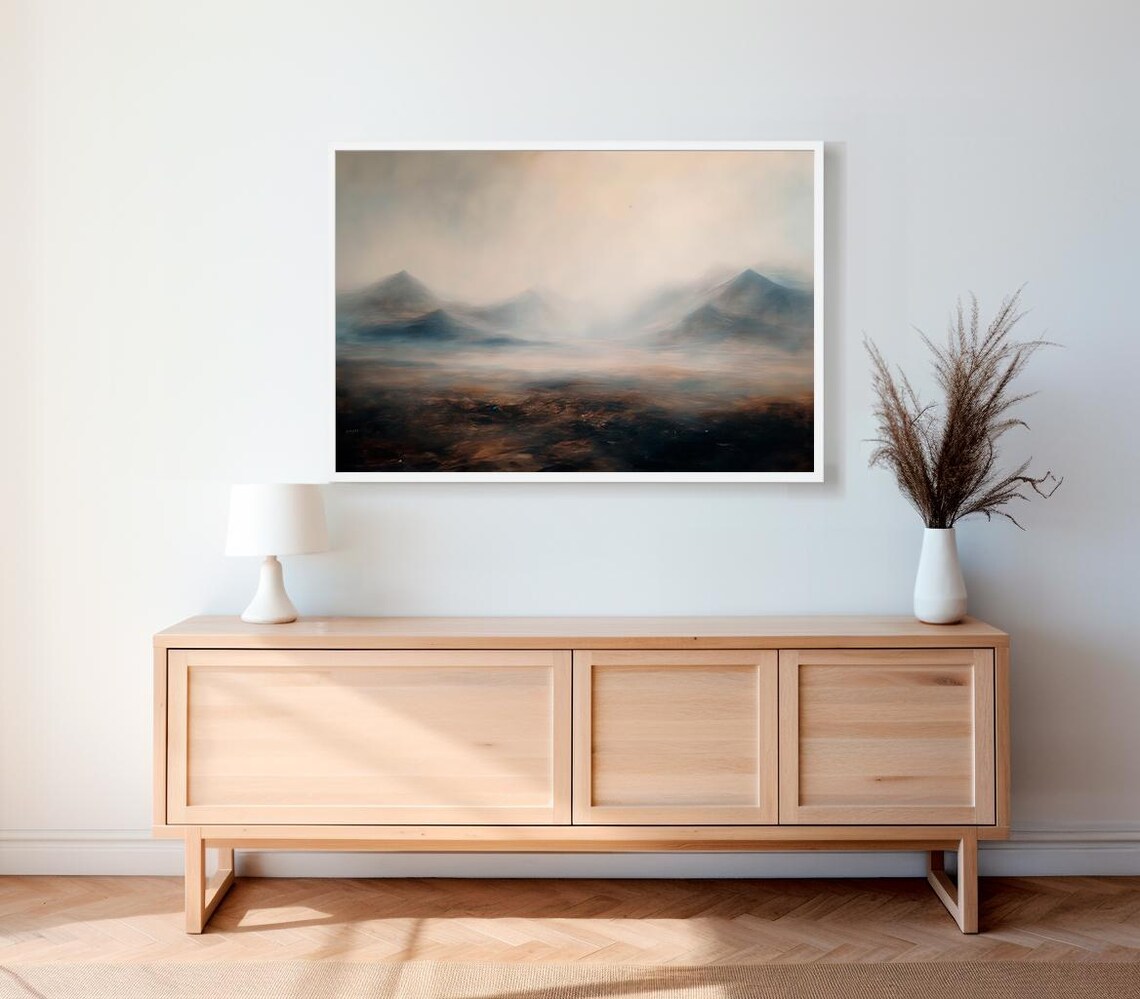 Moody Foggy Mountain Peaks Minimal Neutral Landscape Painting Poster - Image 2