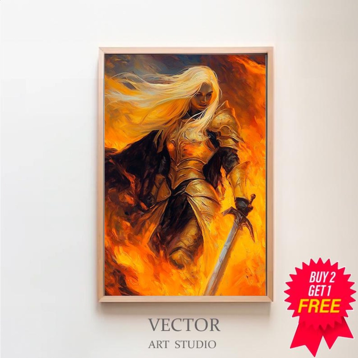 Blonde Warrior Woman in Golden Armor Amid Flames Fantasy Art Poster