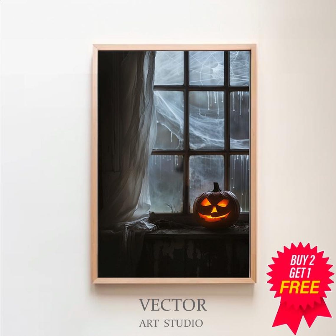 Jack O Lantern Glow on Cobweb Window Dark Moody Halloween Poster