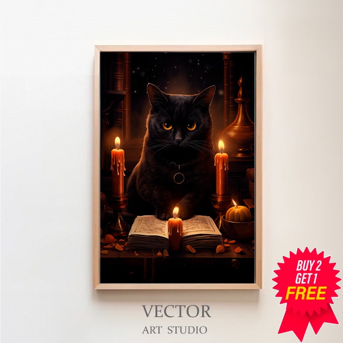 Black Cat With an Open Spell Book Candles and Pumpkin Poster