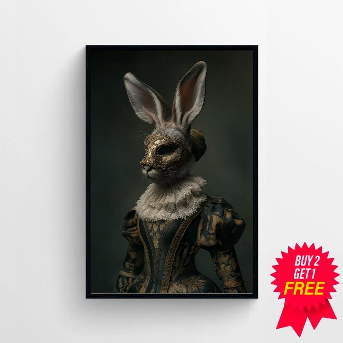 Masked Rabbit Lady In Baroque Gold Embroidered Gothic Gown Poster - Image 4
