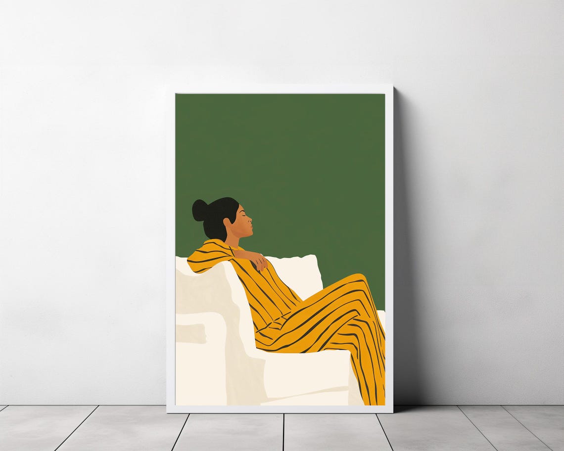 Woman in Yellow Stripes Lounging on a White Armchair Art Poster - Image 3