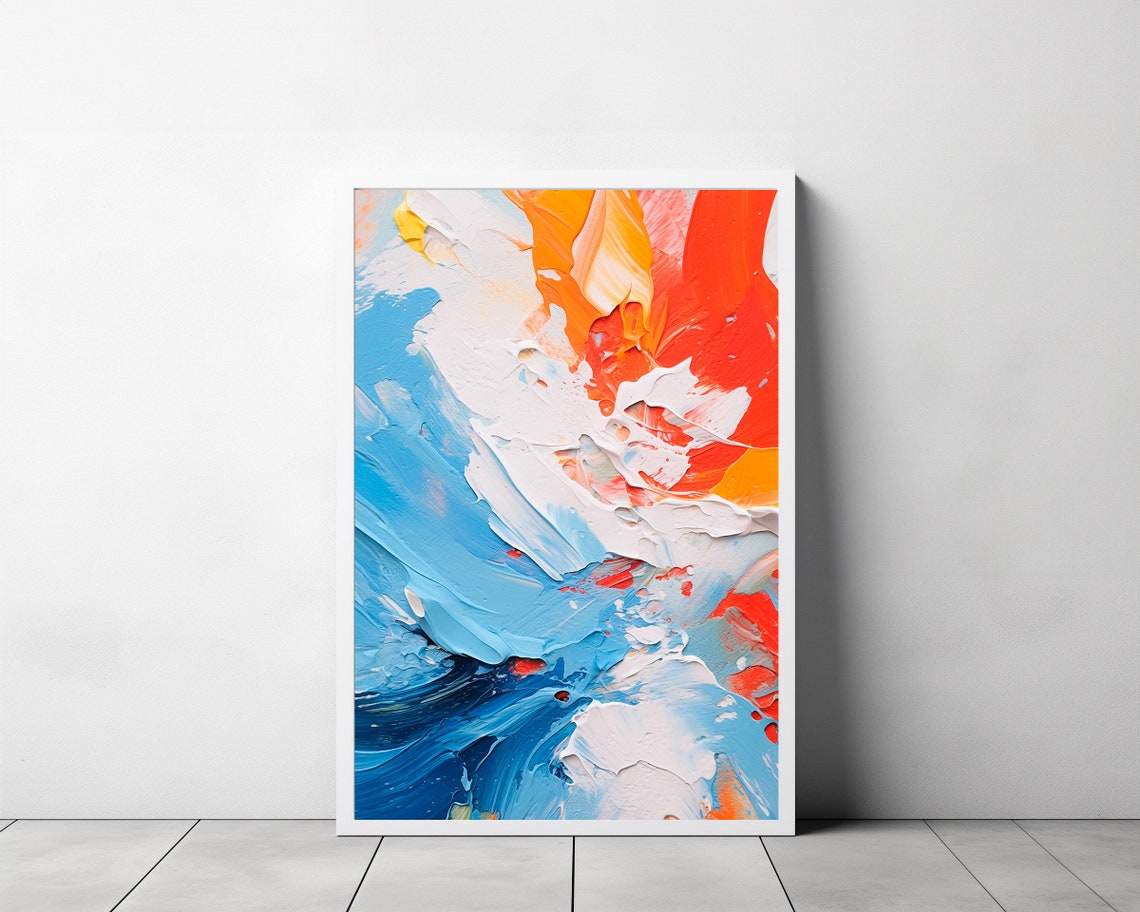 Ocean Blue and Fiery Orange Abstract Impasto Painting Poster - Image 3