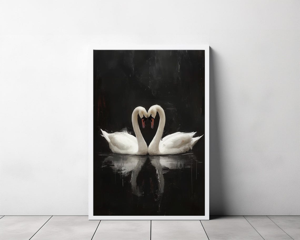 Two Swans Mirrored in a Heart Shape on Black Water Painting Poster - Image 3