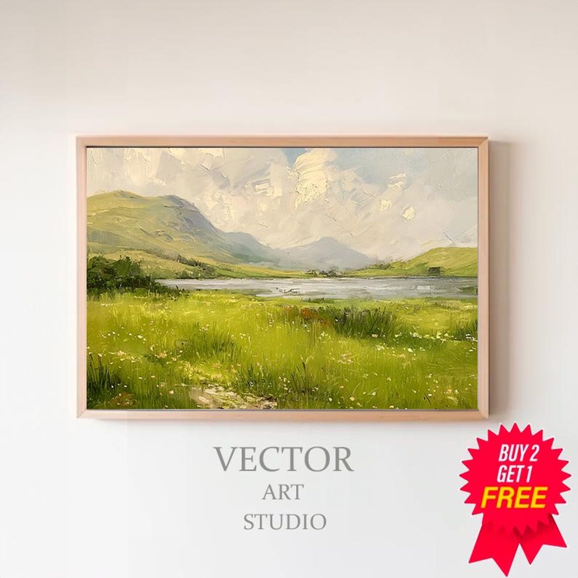 Sunlit Green Meadow Beside a Lake Impressionist Landscape Poster