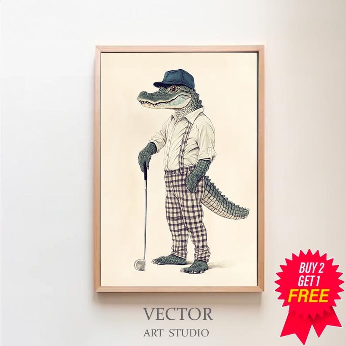 Alligator in Suspenders With Golf Club Funny Animal Portrait Poster