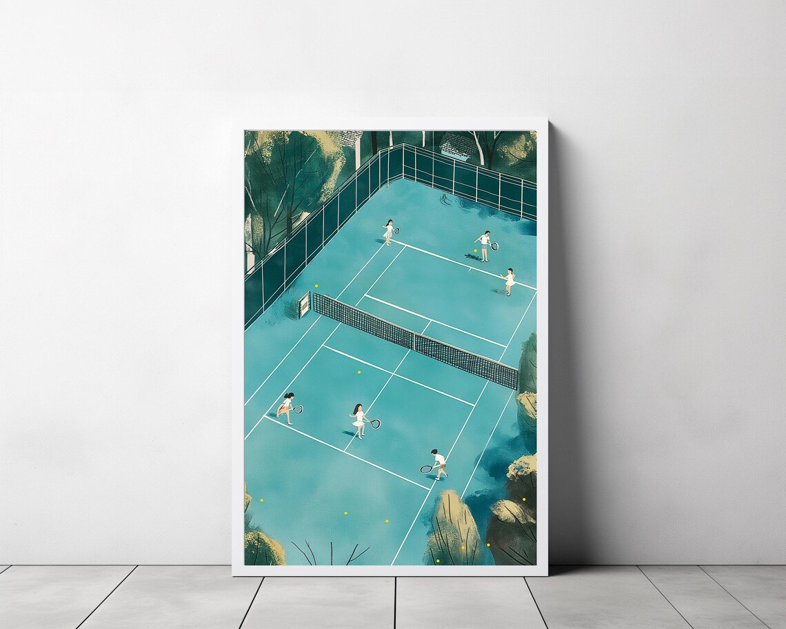 Aerial Teal Tennis Court Illustration with Players and Trees Poster - Image 3