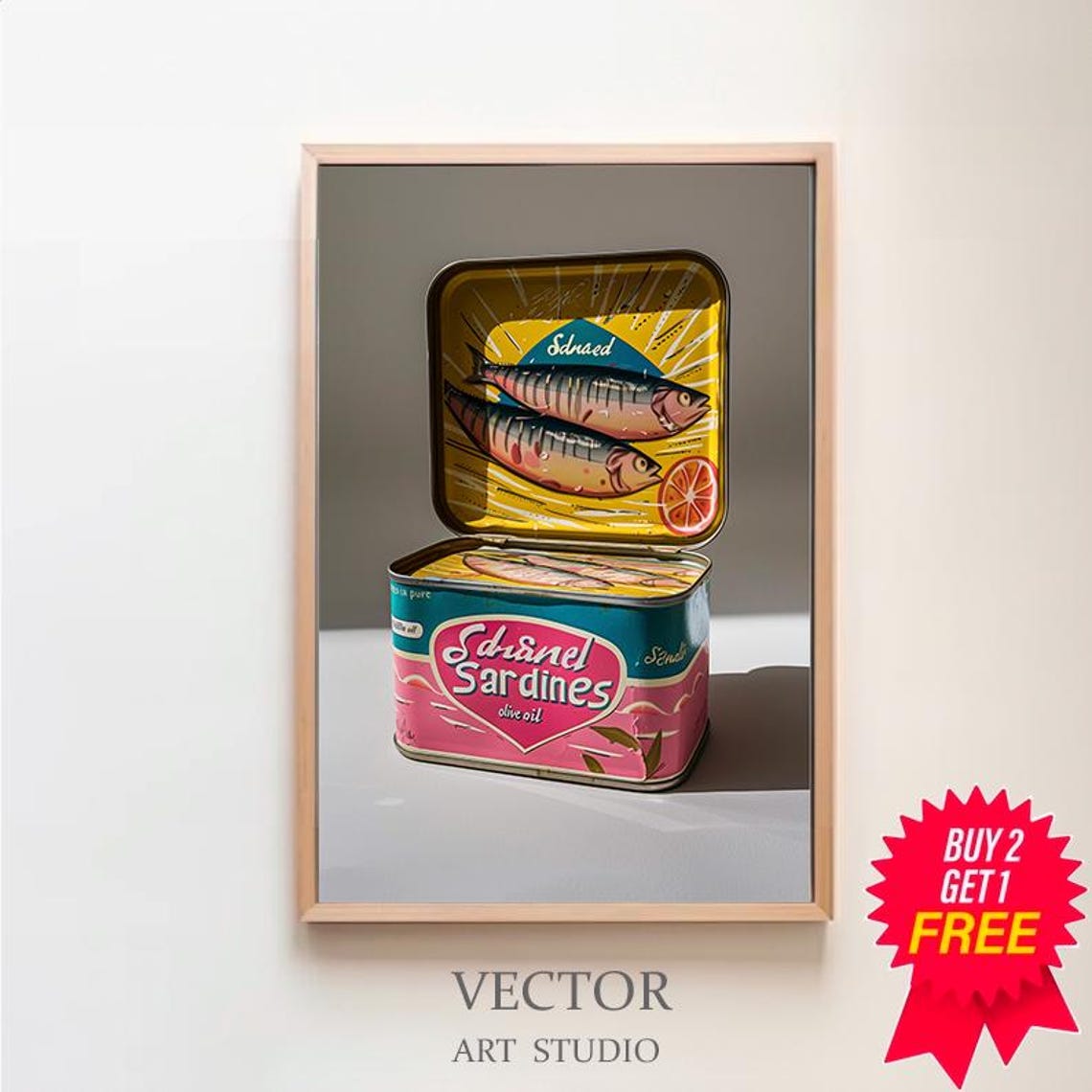 Open Sardine Tin with Retro Colorful Label Quirky Kitchen Art Poster