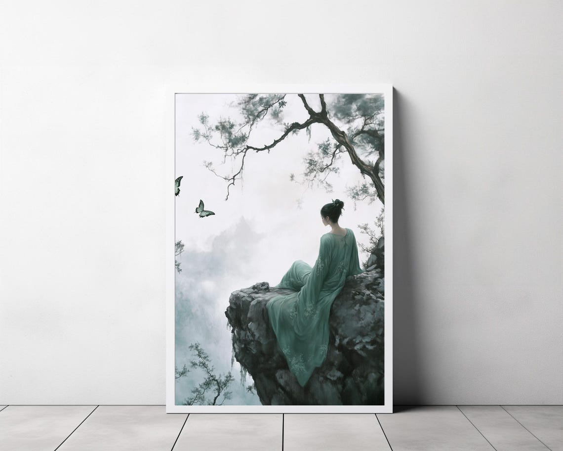 Artemis in Sage Robe Sitting on Cliff Misty Peaks Butterflies Poster - Image 3