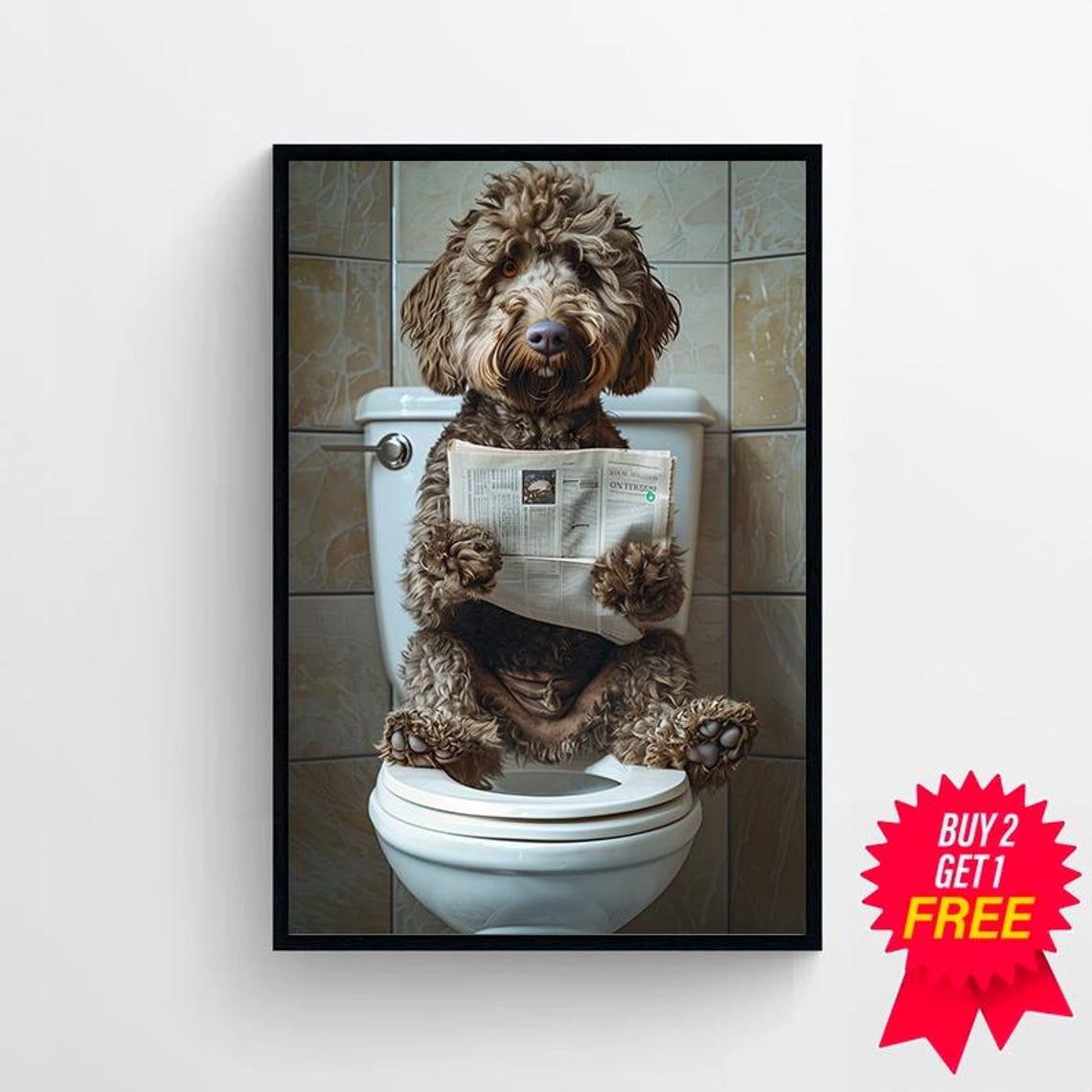 Funny Labradoodle on Toilet Reading Newspaper Bathroom Print - Image 4