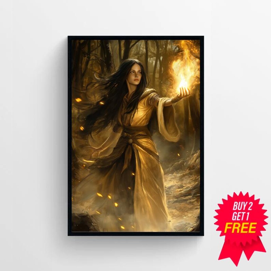 Fire Witch Sorceress Conjuring Golden Flames in Dark Forest Occult Art Poster - Image 4