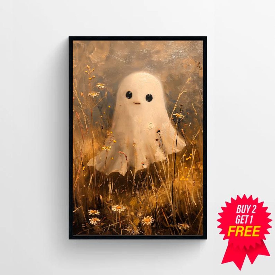 Cute Smiling Ghost Standing in a Golden Wildflower Meadow Art Poster - Image 4