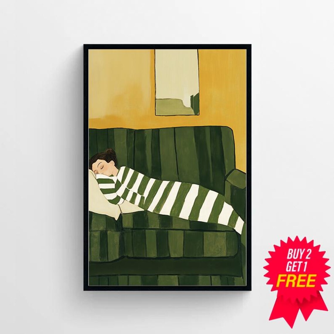 Woman in Green Stripes Sleeping on a Couch Against Mustard Poster - Image 4