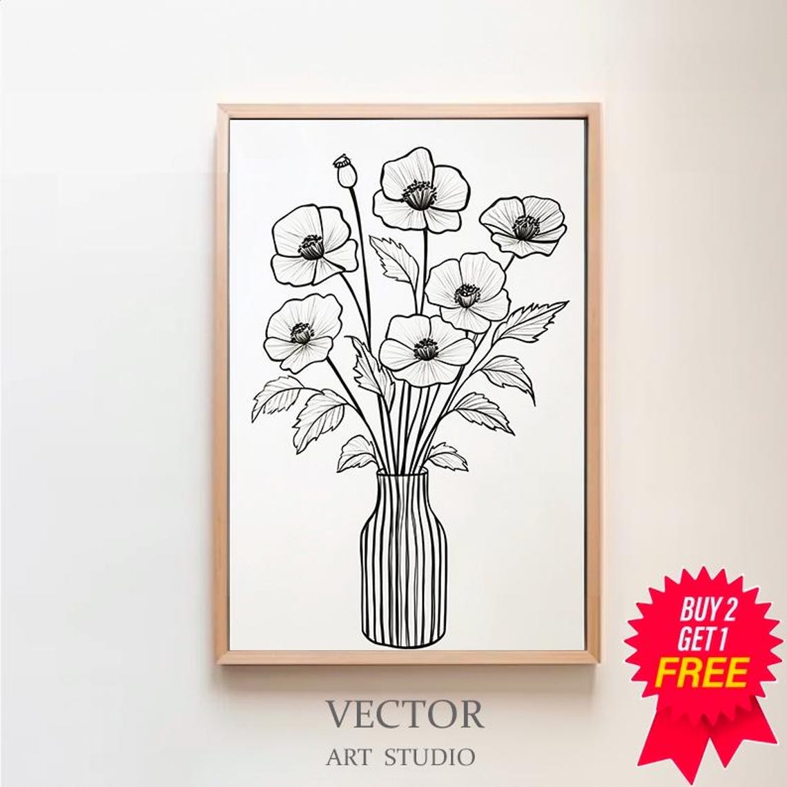 Black and White Poppy Line Drawing in a Tall Striped Vase Poster