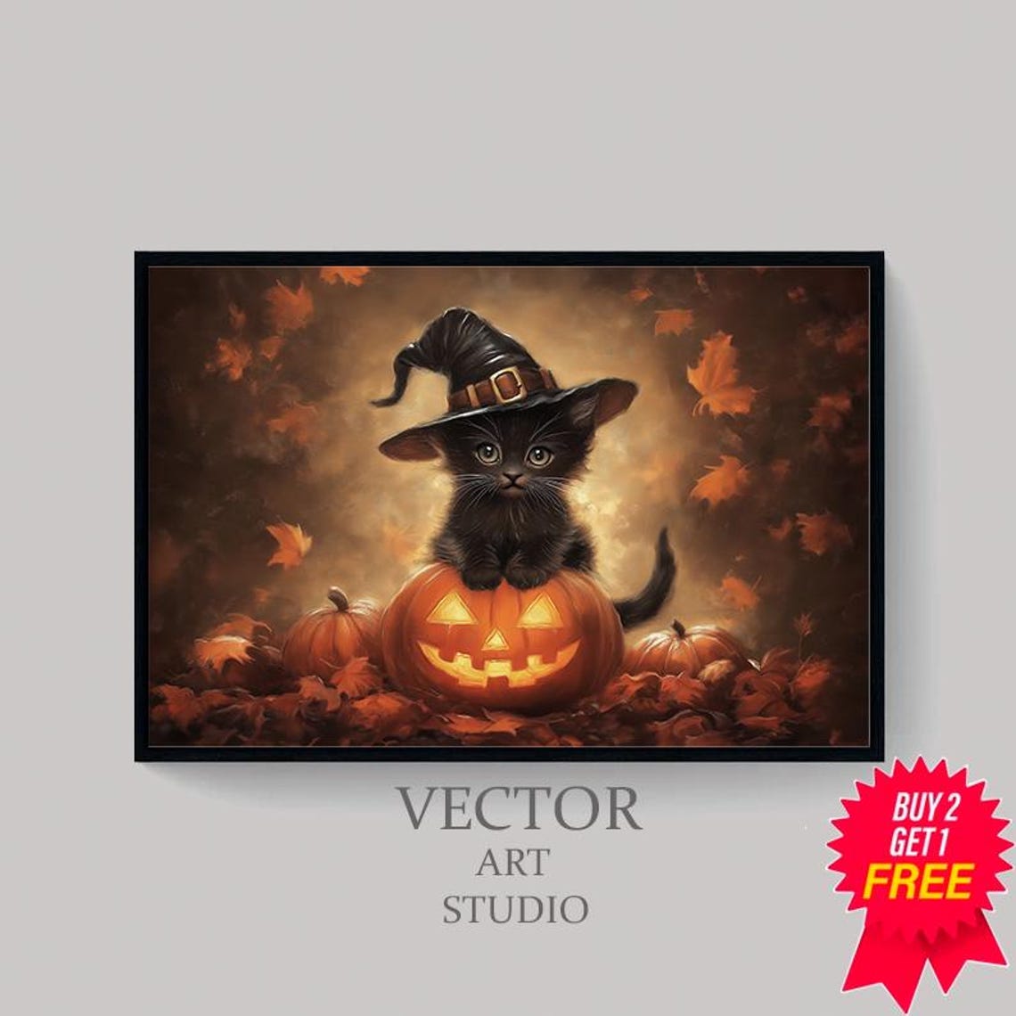 Black Kitten in Witch Hat on Jack-O-Lantern Halloween Poster - Image 4