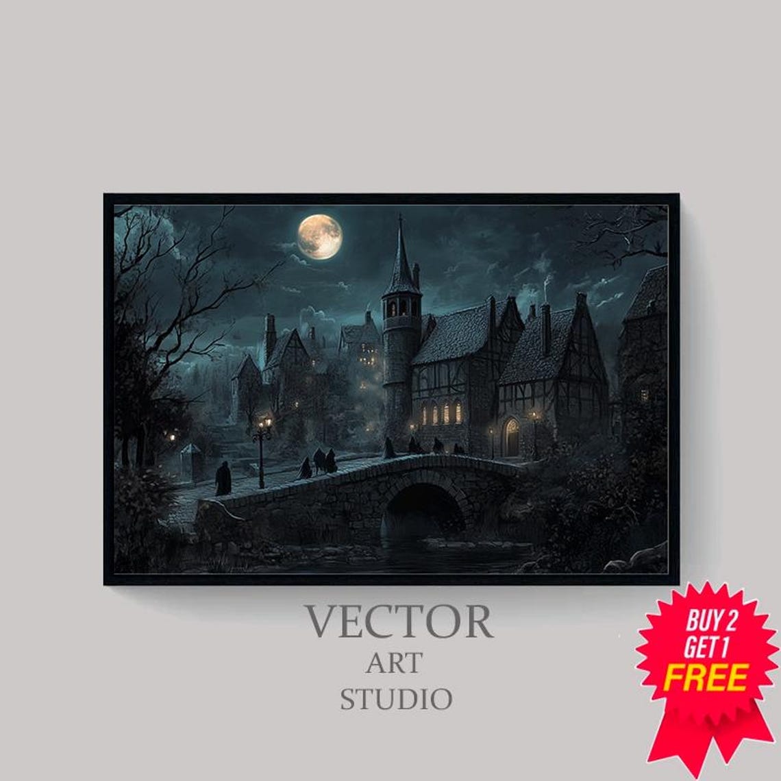 Moonlit Gothic Castle Village with Stone Bridge Dark Fantasy Poster - Image 4